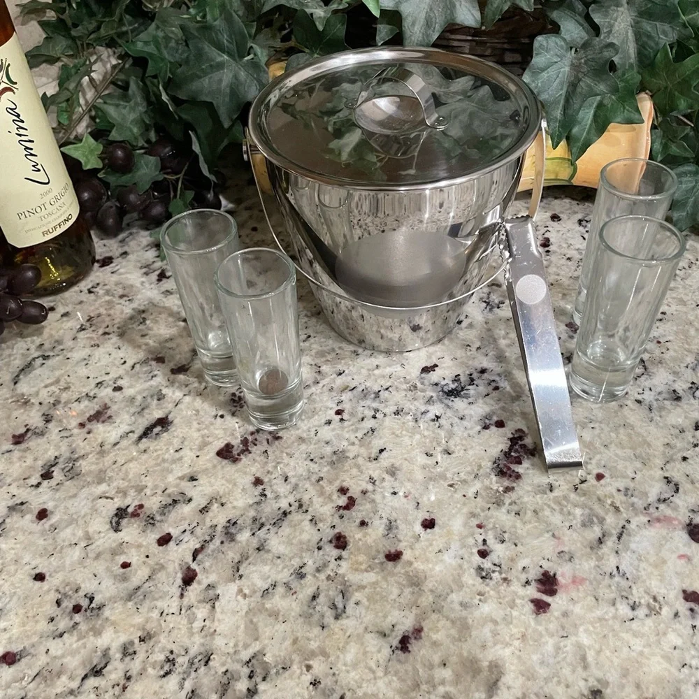 Oggi Elegant Stainless Steel Ice Bucket Set w Tongs and 4 highball glasses NEW